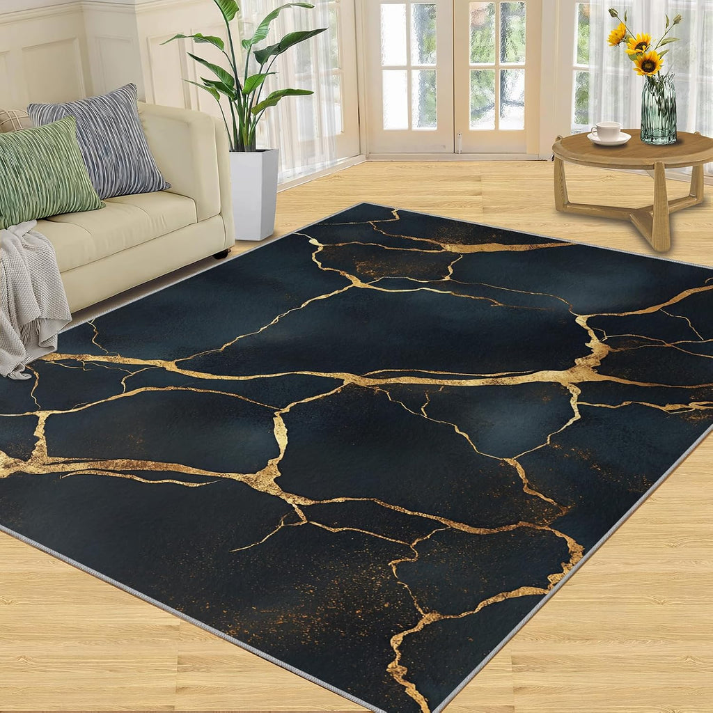 Abstract Cracks Rug 6x8 - Gold Line Texture Large Rugs for Living Room, Modern Irregular Art Carpet Area Rug for Girls Bedroom Kids Room Basement Office Classroom