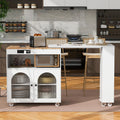 Merax Kitchen Island with Extended Table, Rolling Kitchen Islands Cart with LED Lights, Power Outlets, 2 Fluted Glass Doors, Storage Compartment, and Side 3 Open Shelves (White)