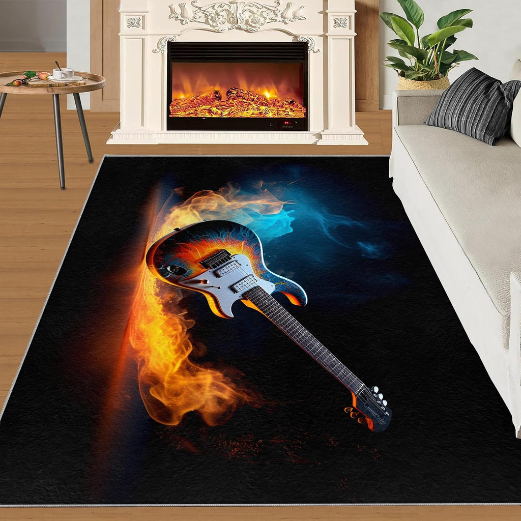 Guitar Rugs for Music Room - Music Rug, 6x8 Rug, Boys Musical Washable Rugs for Living Room Bedroom, Burning Area Rug, Rock and Roll Carpet - Home Decor, Electric Guitars Gifts for Men