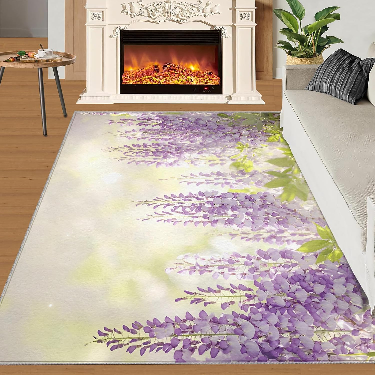 Lavender Rug Large - 6x8 Rug, Purple Wisteria Area Rugs for Bedroom, Modern Floral Rugs for Living Room, Nature Washable Mat, Aesthetic Carpet, Floral Home Decor & Gifts