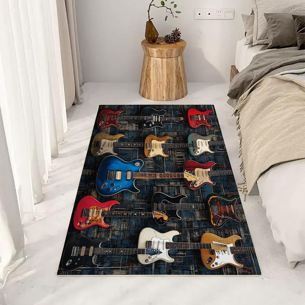 Guitar Musical Instrument Area Rug for Bedroom 5x8 Black Large Area Rugs Living Room Carpet for Study Bedroom Nursery, Washable Rugs Non Slip Soft Carpet