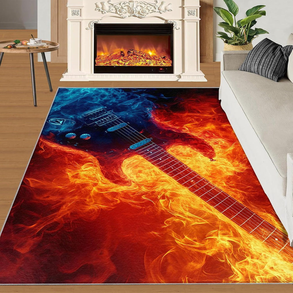 Flame Electric Guitar Area Rug 6x8 - Guitar Large Rugs for Living Room, Cool Music Carpet Area Rug for Girls Bedroom Kids Room Basement Office Classroom