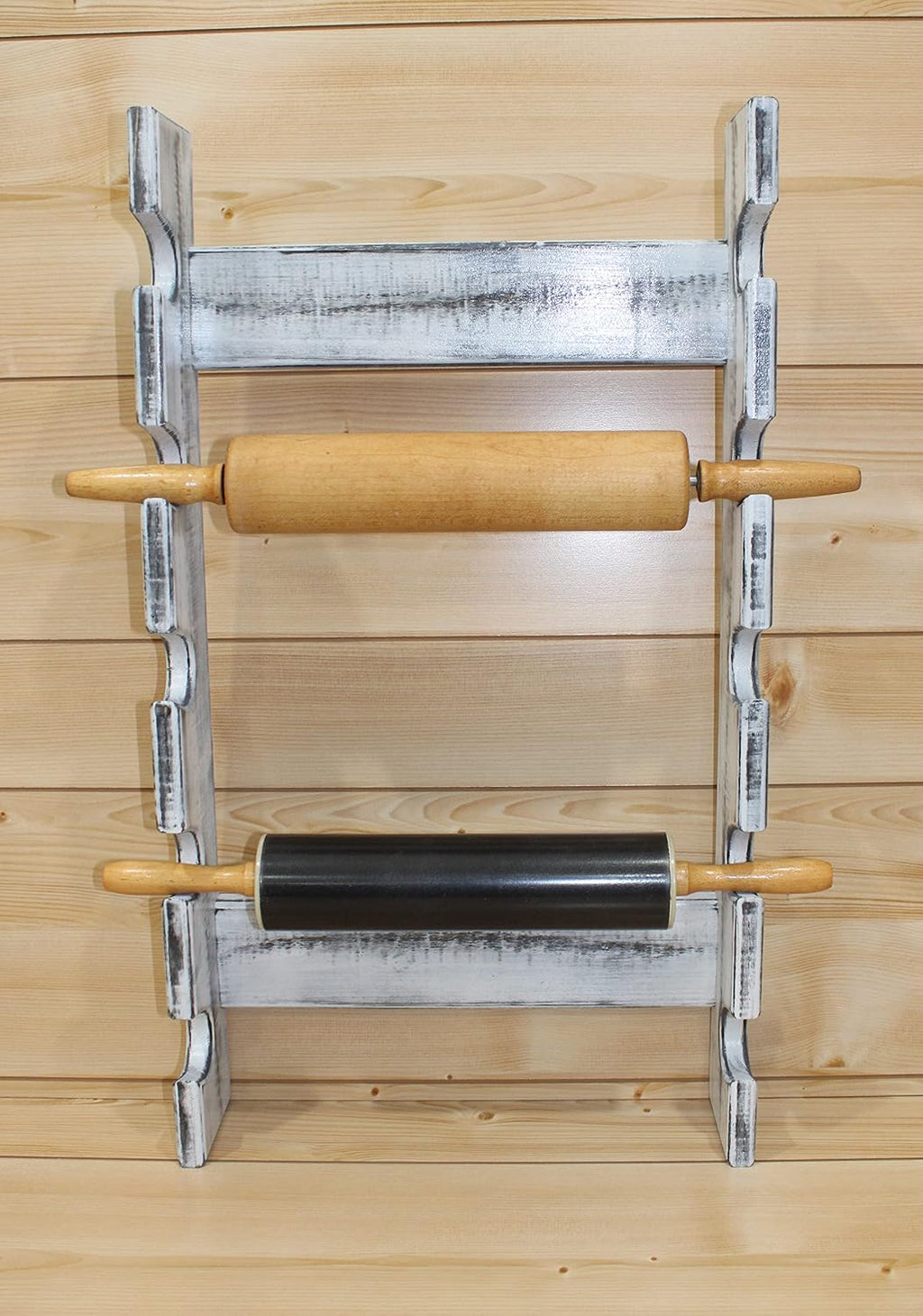 Wooden Rolling Pin Display Rack – Holds 5 Rolling Pins – Wall Mounted Storage for Bakers & Collectors – Antique White Color – Shabby Chic White & Black