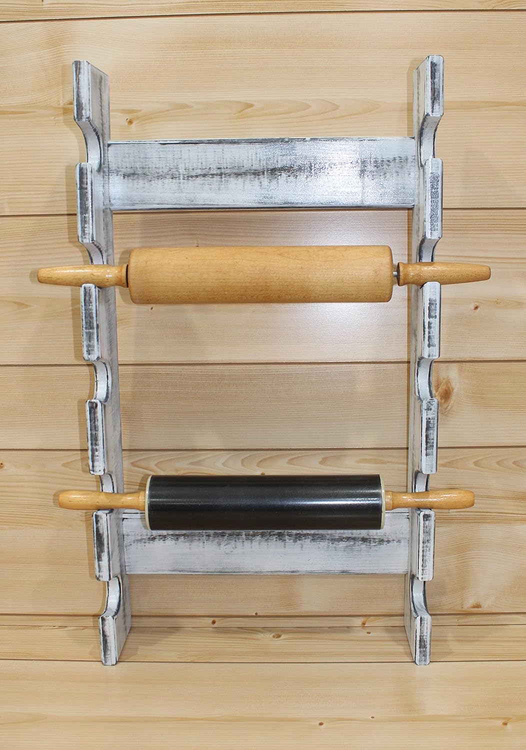 Wooden Rolling Pin Display Rack – Holds 5 Rolling Pins – Wall Mounted Storage for Bakers & Collectors – Antique White Color – Shabby Chic White & Black
