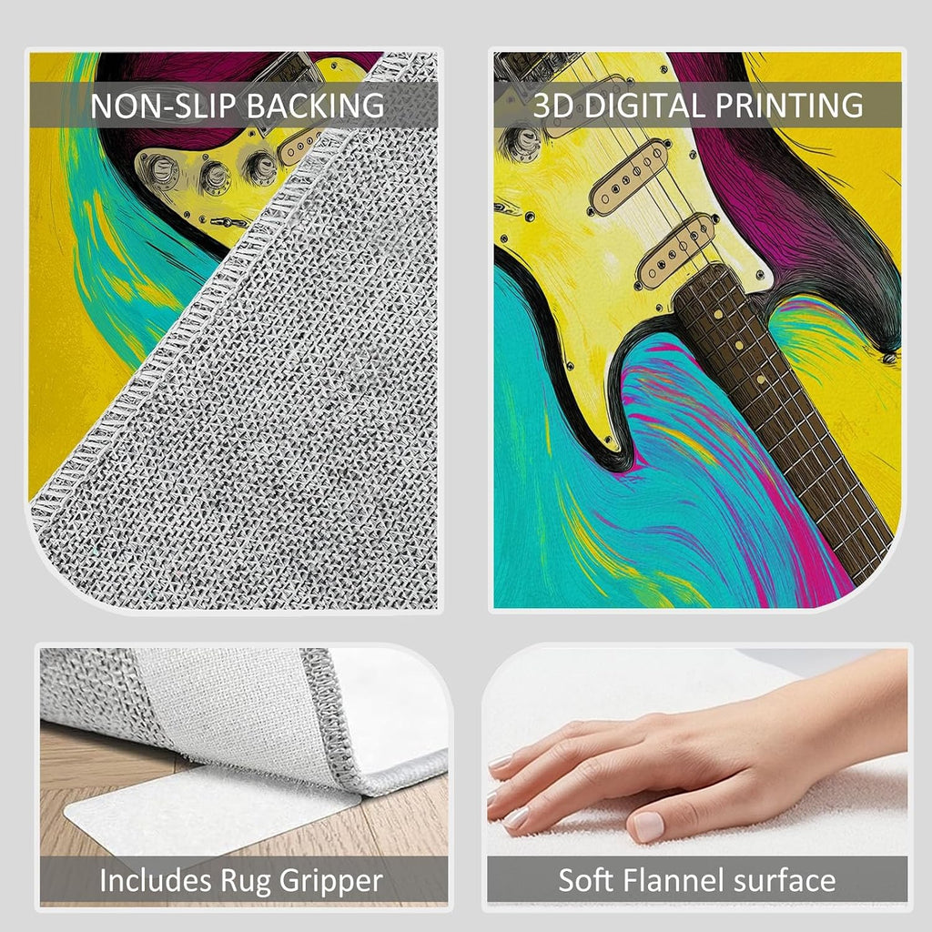 Oil Painting Style Print Washable Area Rug 5 x 7 ft for Living Room, Abstract Guitar Liquid Stripes Non-Slip Rug Kids Nursery Throw Carpet for Bedroom Entryway Dining Room Office Carpets Decor