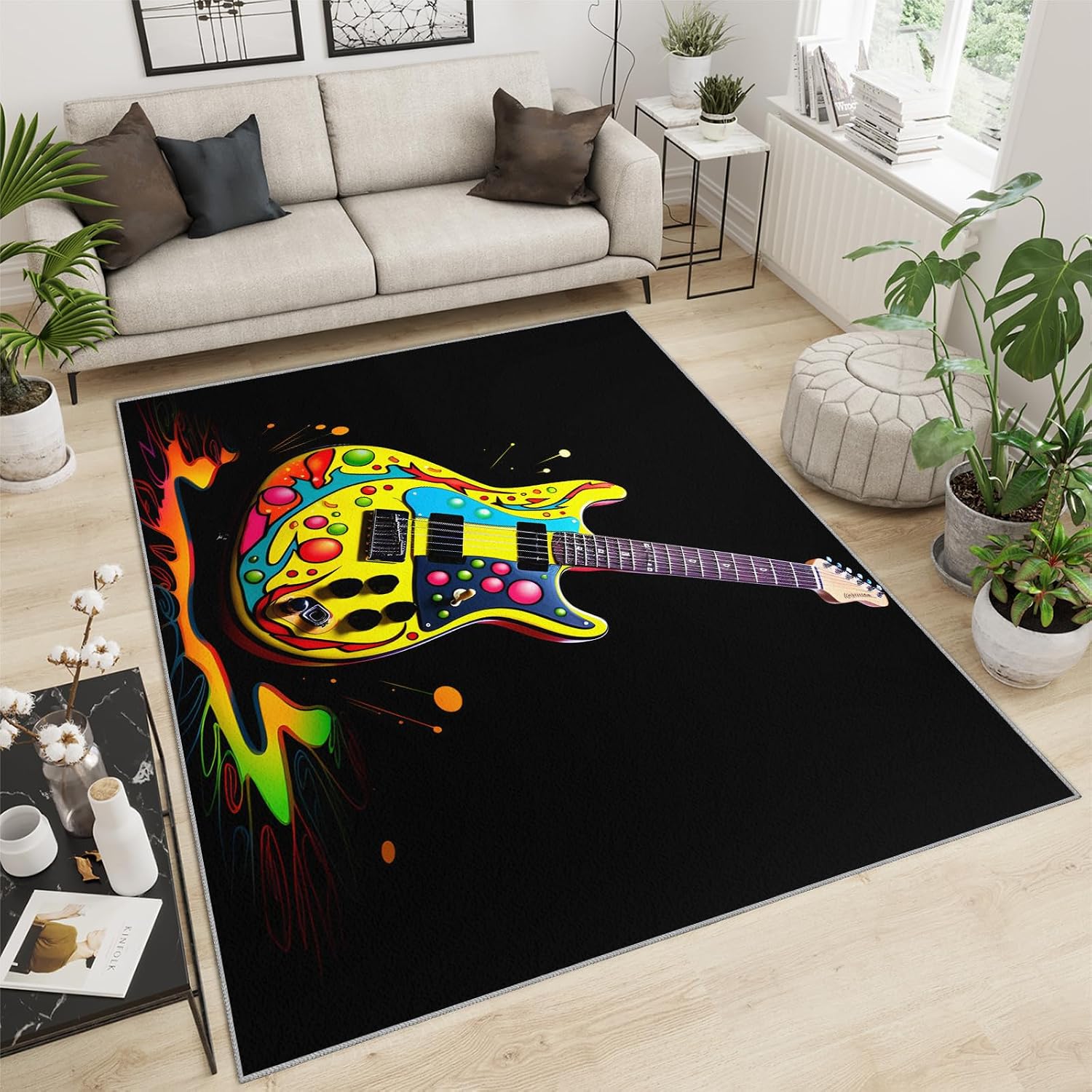 Guitar Home Decor Area Rug - Cool Guitar Bedroom Rug - Music Lover Living Room Rugs - Non-Slip Low Pile Carpet for Kids Room Band Recording Studio 6x8ft