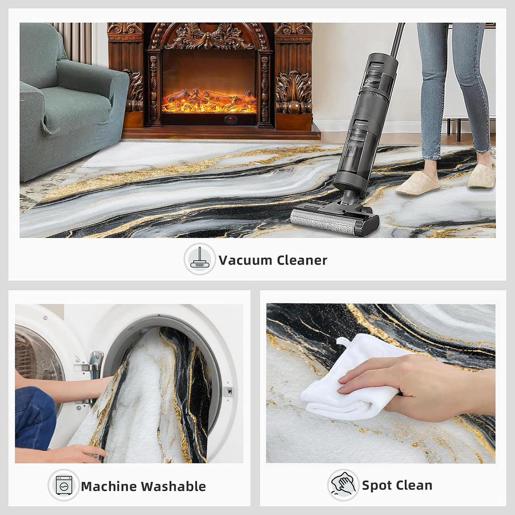 Black White Gold Marble Rugs for Bedroom - 6x8 Rug, European Style Area Rugs for Living Room, Contemporary Carpet, Abstract Washable Mat, Marble Home Decor & Gifts