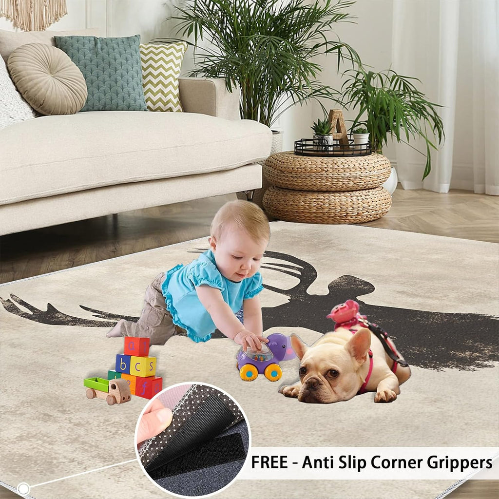 Washable Rugs Deer Rug & Home Decor, Animal Area Rug 6x9, Non Slip & Low Pile Carpet, Deer Rugs for Bedroom Living Room