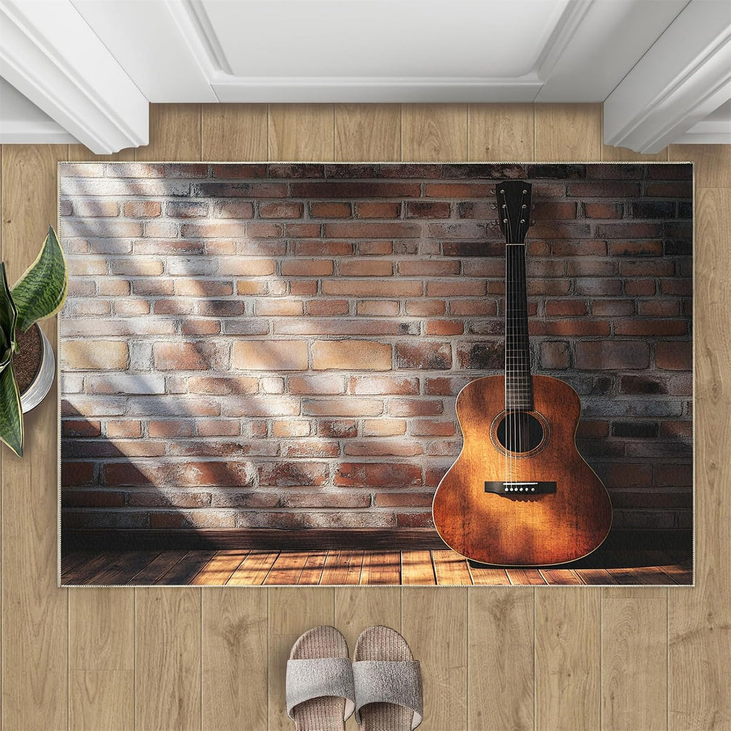 Guitar Rugs for Bedroom - 6x8 Rug, Music Area Rugs for Living Room, Brickwall Carpet, Boys Washable Mat, Guitar Home Decor & Gifts