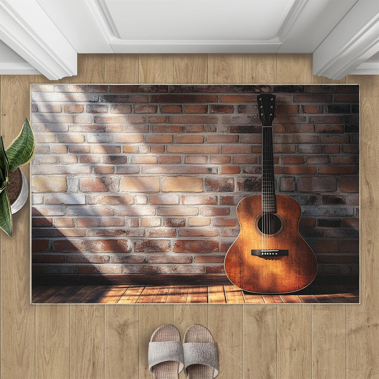 Guitar Rugs for Bedroom - 5x8 Rug, Music Area Rugs for Living Room, Brickwall Carpet, Boys Washable Mat, Guitar Home Decor & Gifts