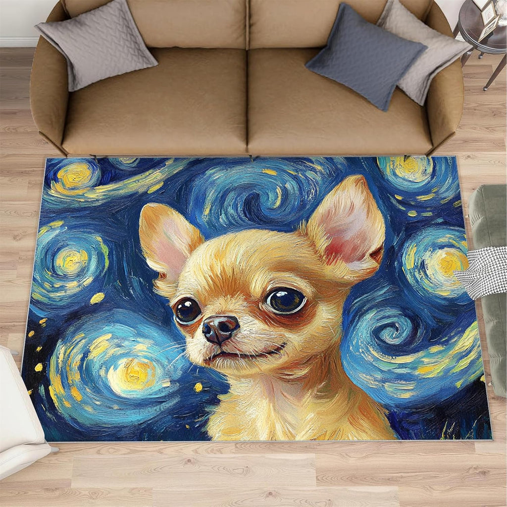 Dog Area Rug Large - 6x8 Rug, Blue Starry Night Rugs for Living Room, Animal Carpet, Impressionism Washable Area Rugs for Bedroom, Art Carpet, Dog Home Decor