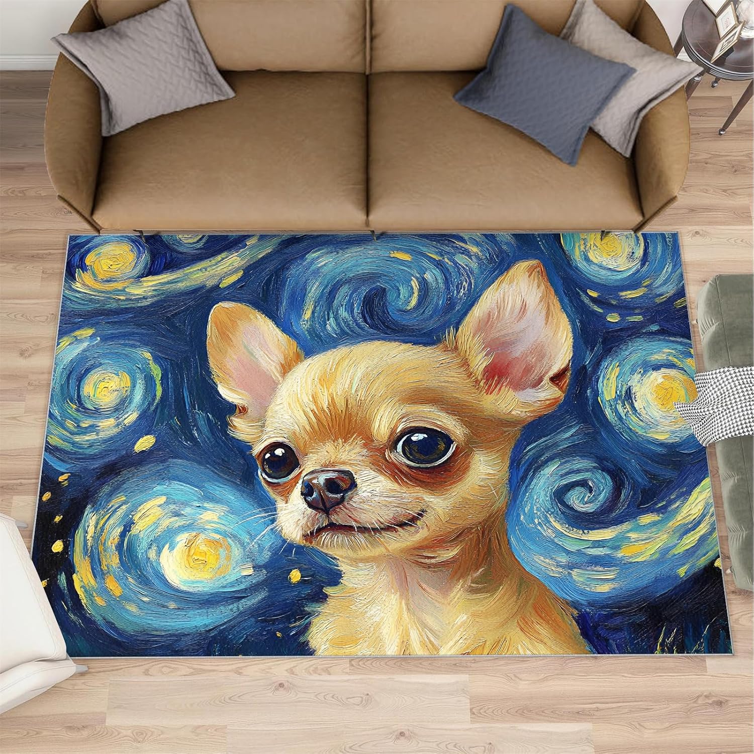 Dog Area Rug Large - 6x8 Rug, Blue Starry Night Rugs for Living Room, Animal Carpet, Impressionism Washable Area Rugs for Bedroom, Art Carpet, Dog Home Decor