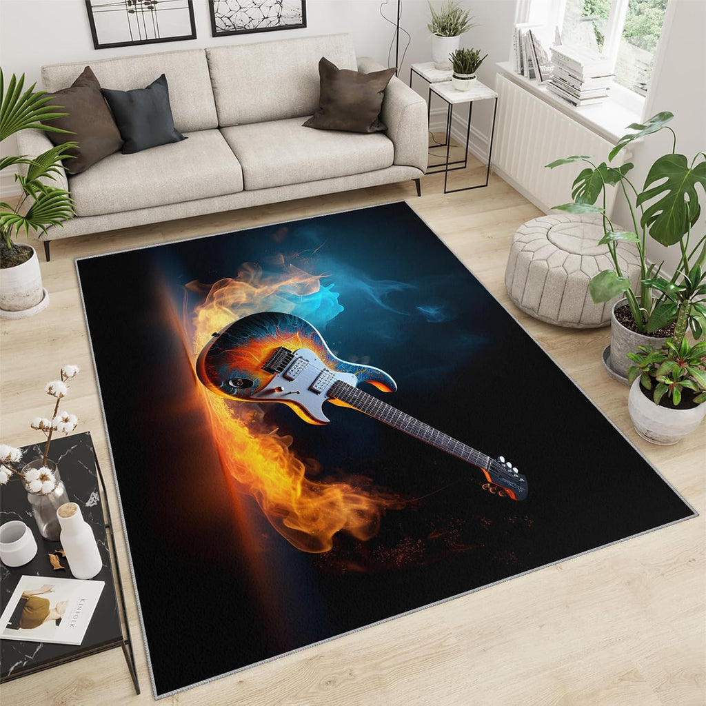 Guitar Rugs for Music Room - 5x7 Rug, Music Home Decor, Boys Musical Washable Rugs for Living Room Bedroom, Burning Area Rug, Rock and Roll Carpet, Electric Guitars Gifts for Men