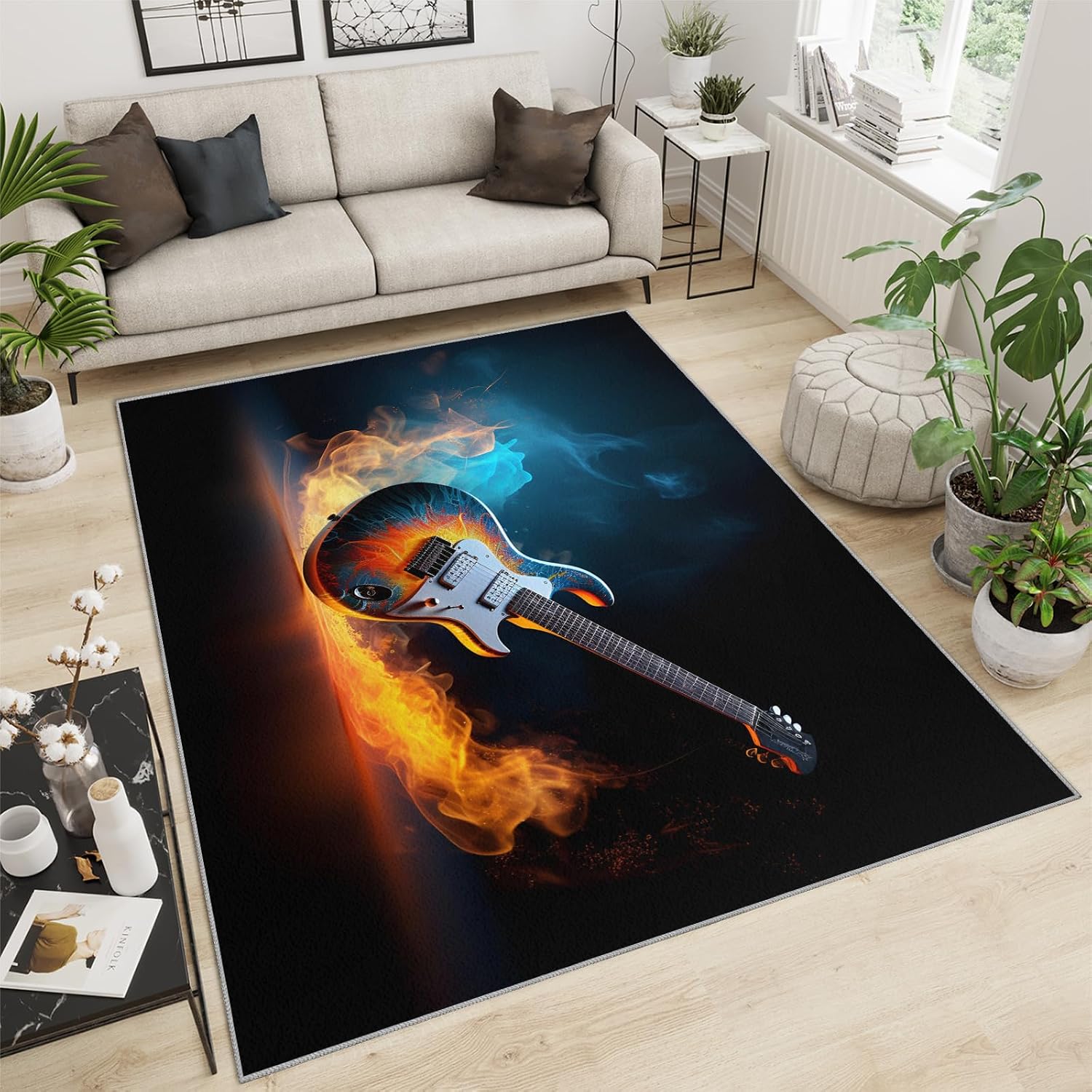 Guitar Rugs for Music Room - 5x7 Rug, Music Home Decor, Boys Musical Washable Rugs for Living Room Bedroom, Burning Area Rug, Rock and Roll Carpet, Electric Guitars Gifts for Men