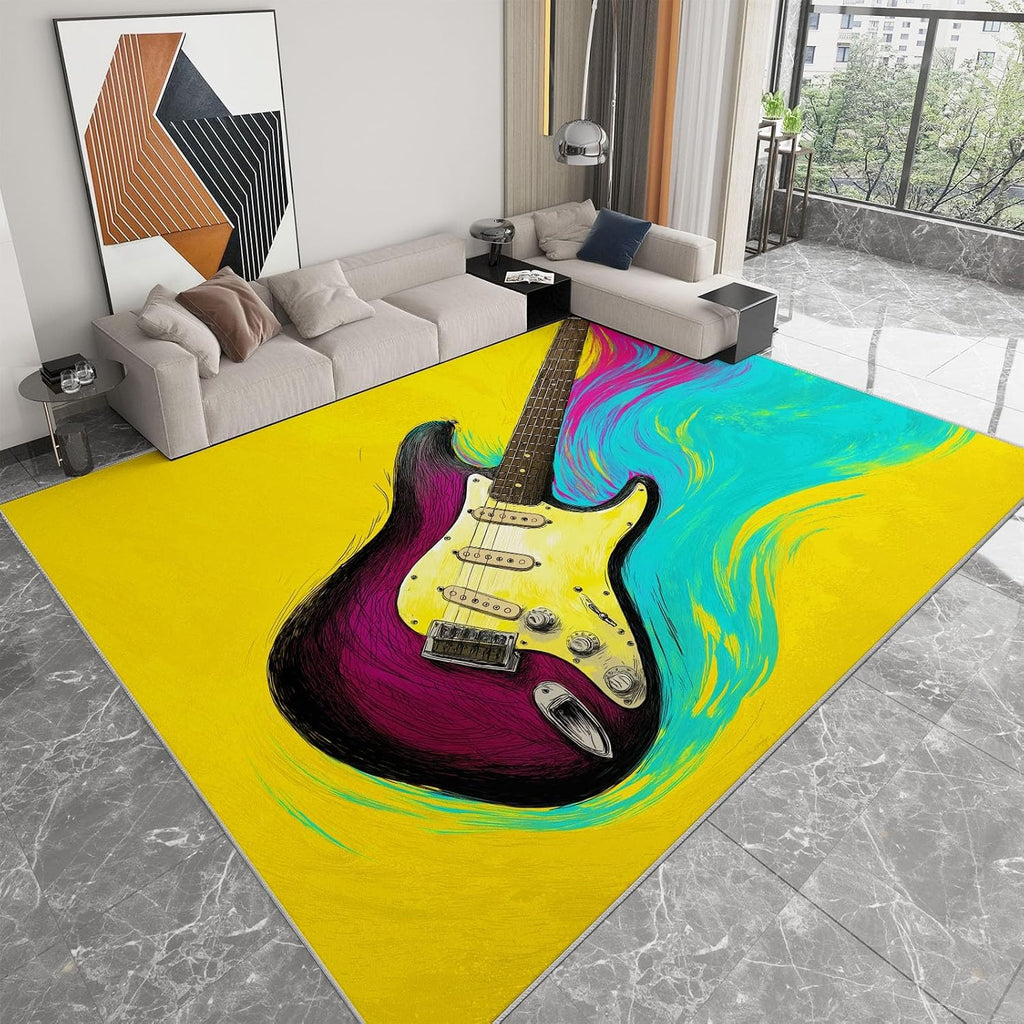 Washable Non-Slip Area Rug 5 x 8 ft, Abstract Guitar Liquid Stripes Print Washable Rugs for Living Room - Soft Oil Painting Style Low Pile Carpet for Bedroom Bedside Dining Room Nursery
