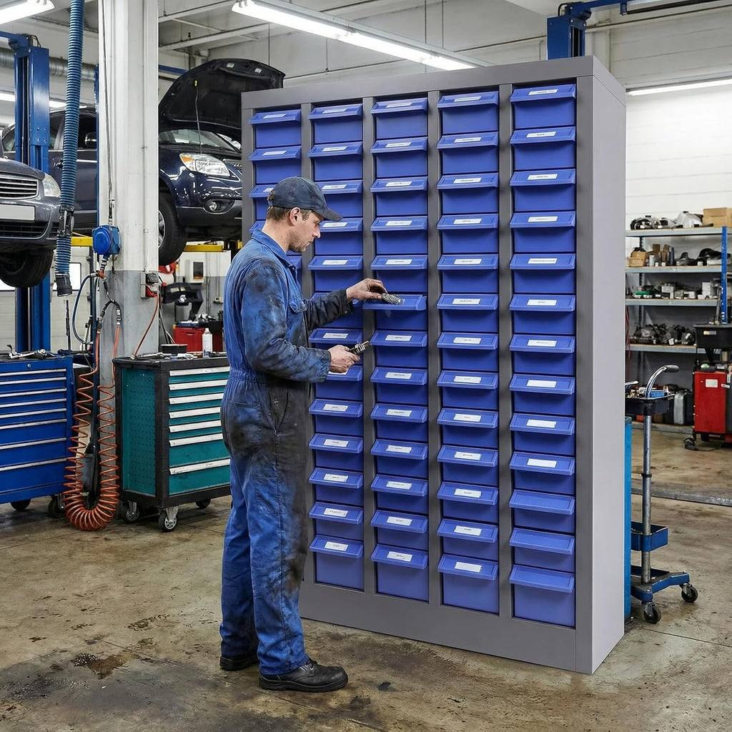 75 Drawers Parts Cabinet 8.66 Inch Deep, Heavy Duty Bolt Organizer with 375 Removable Dividers, Nuts and Bolts Organizer with Foam Packaging for Home Garage