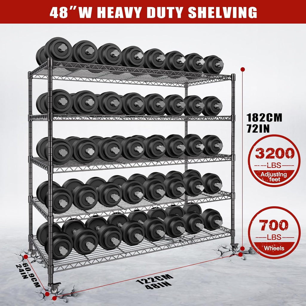AIRAJ 48' W Storage Shelves Heavy Duty | 3200 LBS Metal Shelving | 5 Tier Wire Shelving | Garage Shelving Units and Storage | Rolling Wire Rack with Wheels | Adjustable Layer Height | 48'W×24'D×72' H
