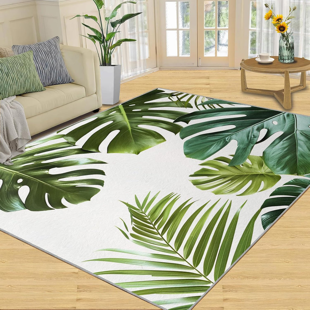 Area Rug 6x8ft, Simple Plants Rugs for Living Room, Leaves Tropical Theme Bedroom Rugs, Ultra Soft Non-Slip Short Pile Carpet for Kids Room Under Kitchen Table Office Bedside