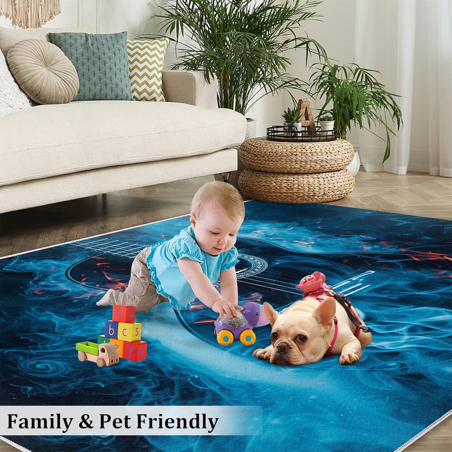 Guitar Rugs for Music Room - 5x7 Rug, Music Home Decor, Boys Musical Washable Rugs for Living Room Bedroom, Cool Blue Area Rug, Rock and Roll Carpet, Electric Guitars Gifts for Men