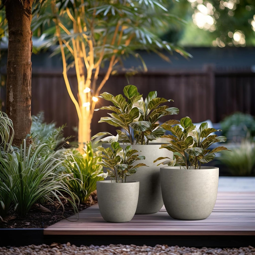 Kante 18',14',10' Dia Concrete Round Planters (Set of 3), Outdoor Indoor Large Planter Pots with Drainage Hole and Rubber Plug for Home Patio Garden, Buff Concrete