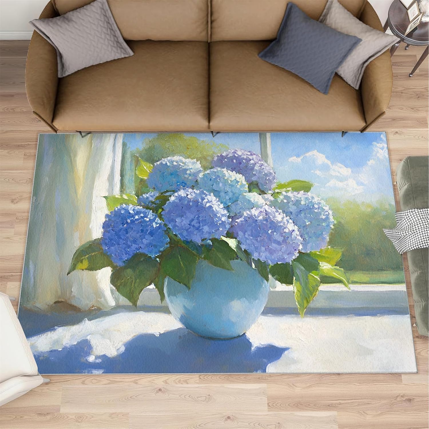 Hydrangea Area Rug Large - 6x8 Rug, Nordic Rugs for Living Room, Light Luxury Carpet, Watercolor Floral Washable Area Rugs for Bedroom, Aesthetic Carpet, Floral Home Decor