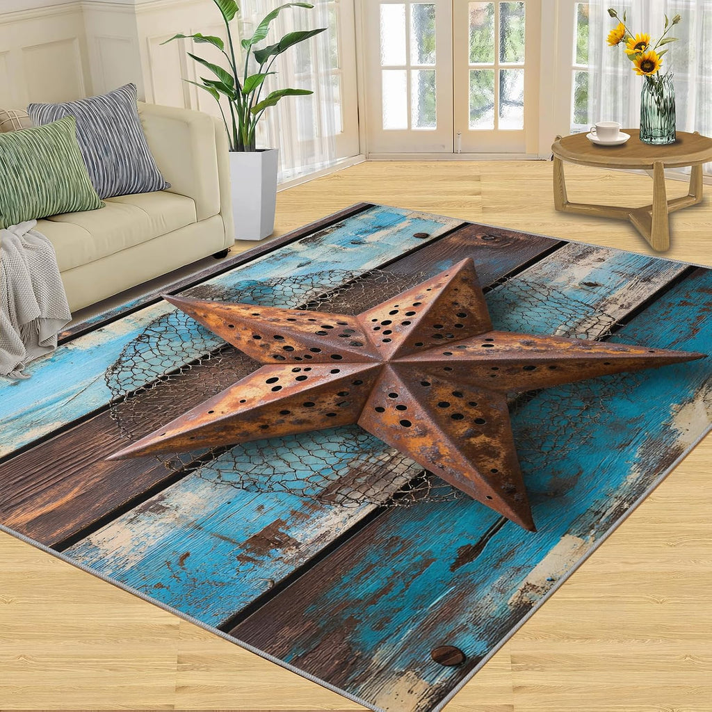 Western Texas Stars Rugs for Bedroom - 6x8 Rug, Rustic Vintage Area Rugs for Living Room, Farmhouse Carpet, Western Washable Mat, Texas Stars Home Decor & Gifts
