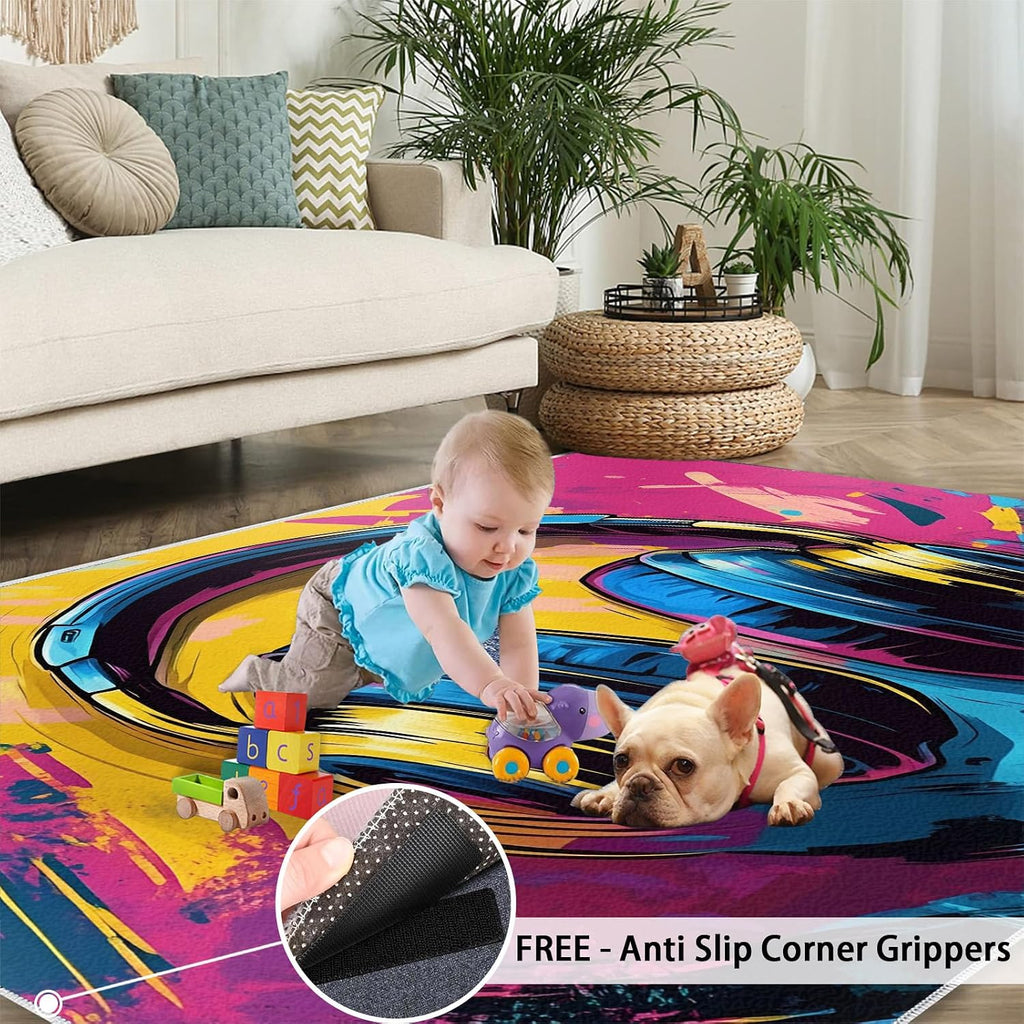 Graffiti Rug 6x8, Music Rugs for Bedroom, Earphone Area Rug, Home Decor Rugs for Living Room, Non-Slip Machine Washable Carpet