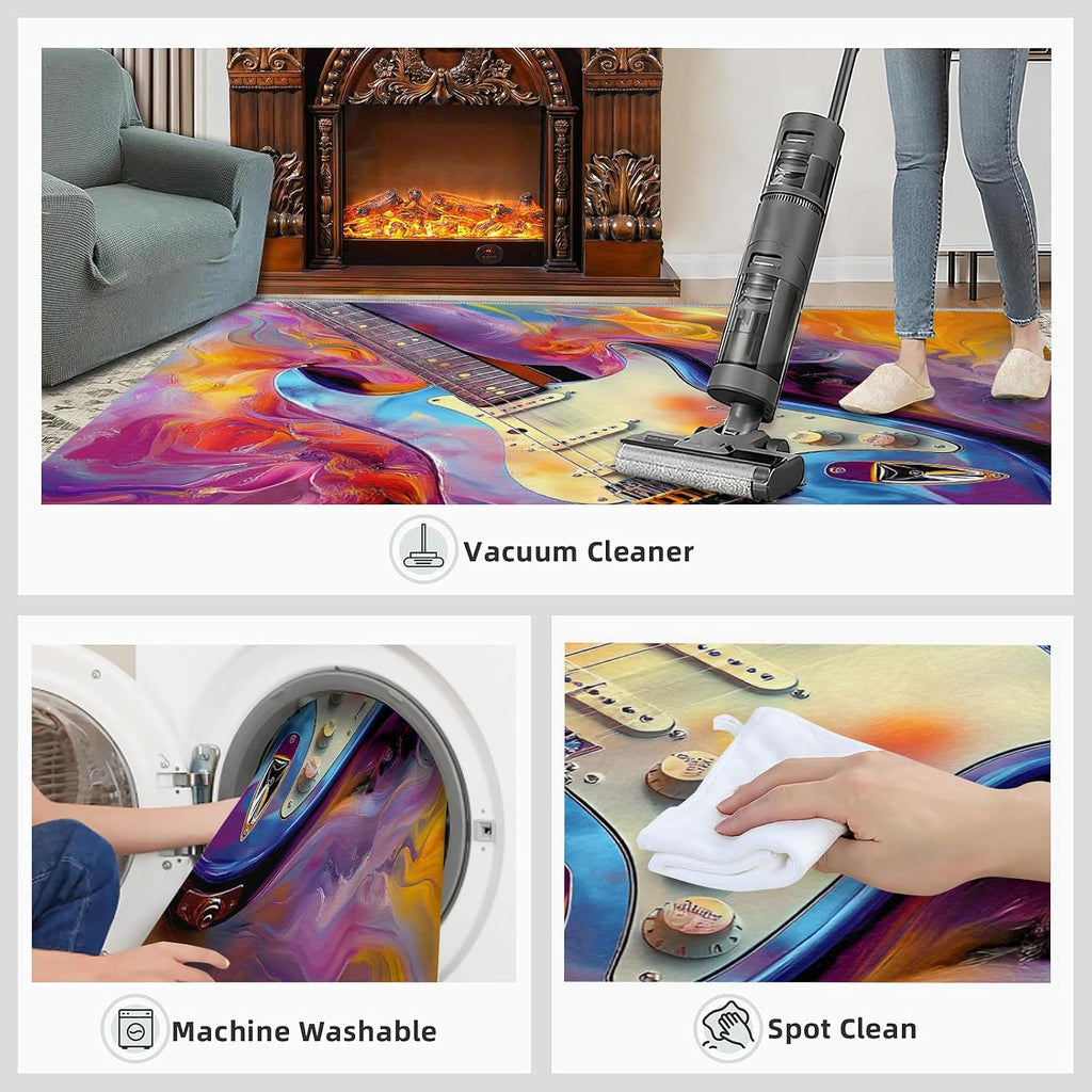 Guitar Rugs for Music Room - 5x7 Rug, Music Home Decor, Boys Musical Washable Rugs for Living Room Bedroom, Colorful Abstract Area Rug, Rock and Roll Carpet, Electric Guitars Gifts for Men