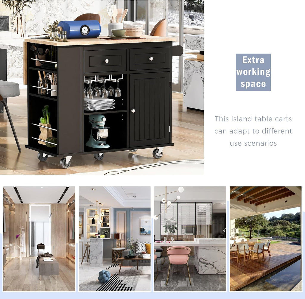 Merax 40' Width Kitchen Island with Storage, Rolling Kitchen Islands Cart with Power Outlet & Open Storage Shelves, Drop Leaf, Rubberwood Top, Lockable Wheels, Wine Rack, Towel Rack (Black)