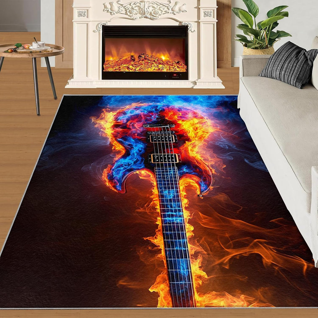 Guitar Rug 8x10, Flame Guitar Area Rugs for Bedroom, Rock Music Rugs for Boys Room, Low Pile Non Slip Carpet for Computer Game Room Dormitory