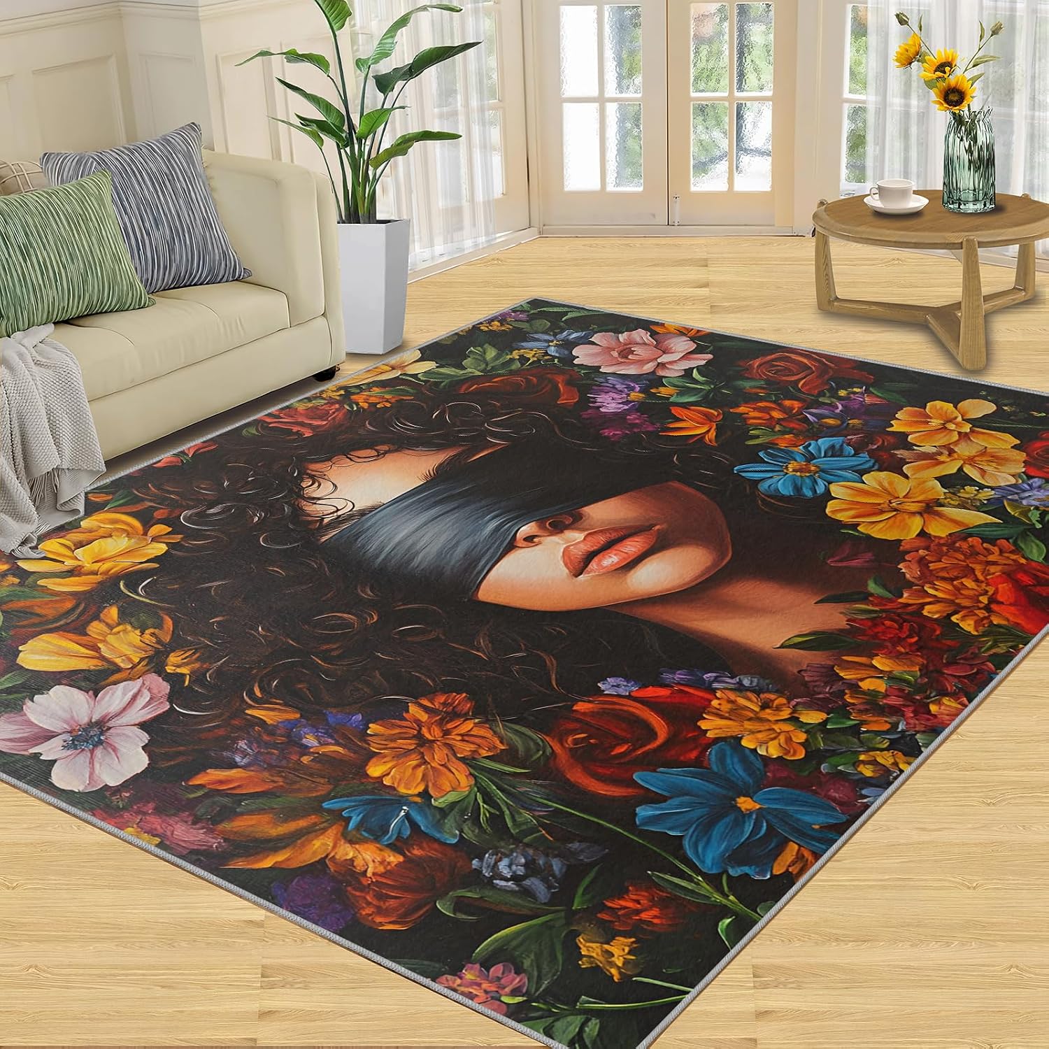Black Girl Rug 6x8, Flowers Rugs for Bedroom, Fashion Girl Area Rug, Home Decor Rugs for Living Room, Non-Slip Machine Washable Carpet