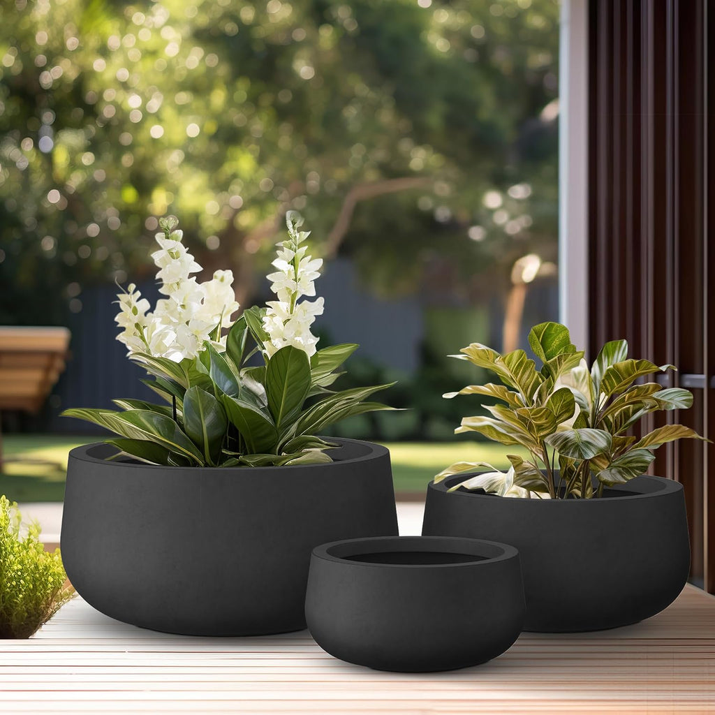 Kante 19.6',15.7',11.8' Dia Round Concrete Planters Set of 3, Outdoor Indoor Garden Plant Pots with Drainage Hole and Rubber Plug, Modern Curvaceous Design, Black