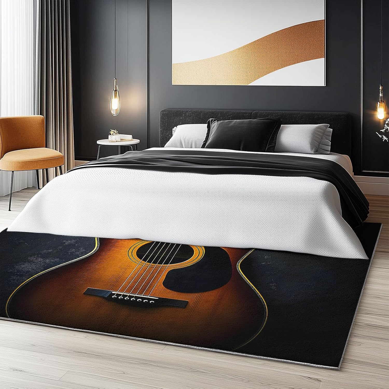 Minimalist Guitar Washable Modern Area Rug - 5 x 7 ft Rugs for Living Room, Bedroom, Machine Washable Rug Soft Non Slip Non Shedding Area Rug - Black, 5 x 7 ft