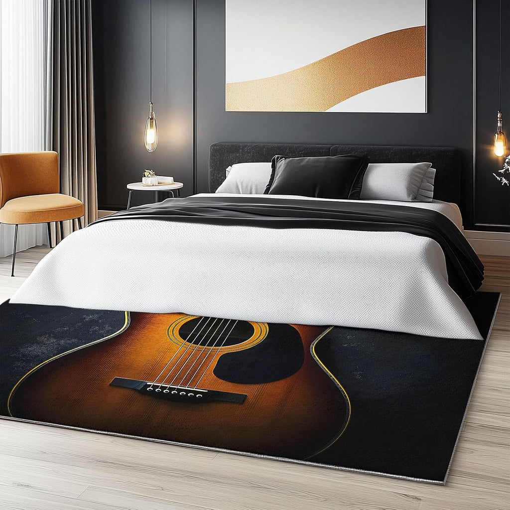 6 x 9 ft Washable Area Rug Black Ultra Soft Area Rug Traditional Floor Cover, Foldable Thin Rug Indoor Non Slip Carpet Minimalist Guitar Print Mat Bedroom Living Room Kitchen