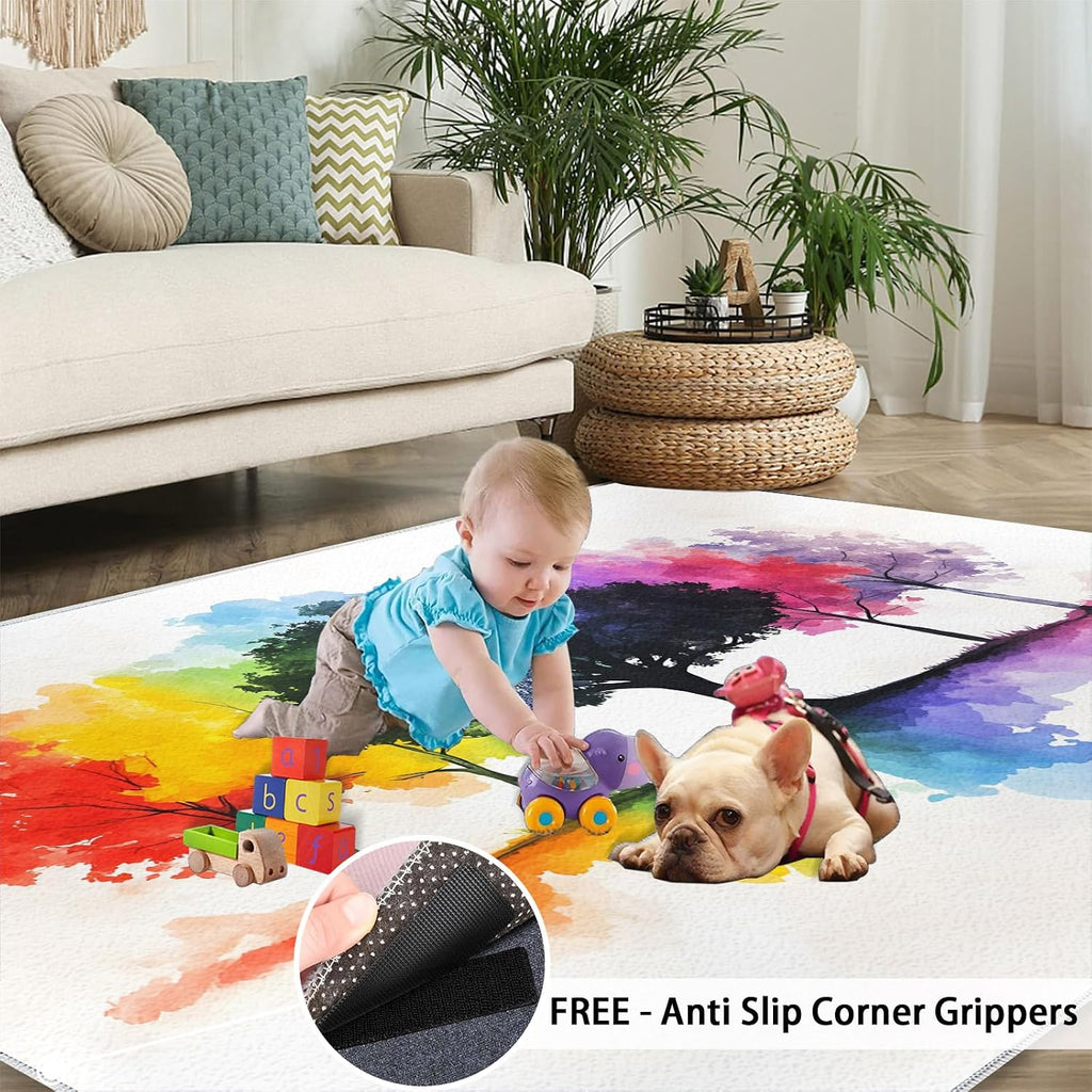 Rainbow Tree Rugs for Bedroom - 6x8 Rug, Watercolor Area Rugs for Living Room, Tree of Life Carpet, Aesthetic Washable Area Mat, Modern Carpet, Trees Home Decor & Gifts
