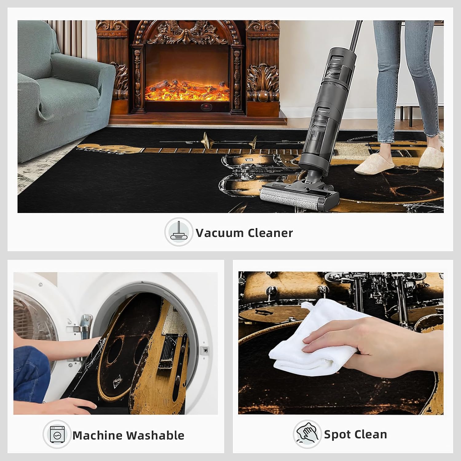 Music Rug 6x9-6x9 Rug, Guitar Area Rugs for Living Room, Drum Set Rugs for Bedroom, Boys Washable Mat, Music Home Decor & Gifts