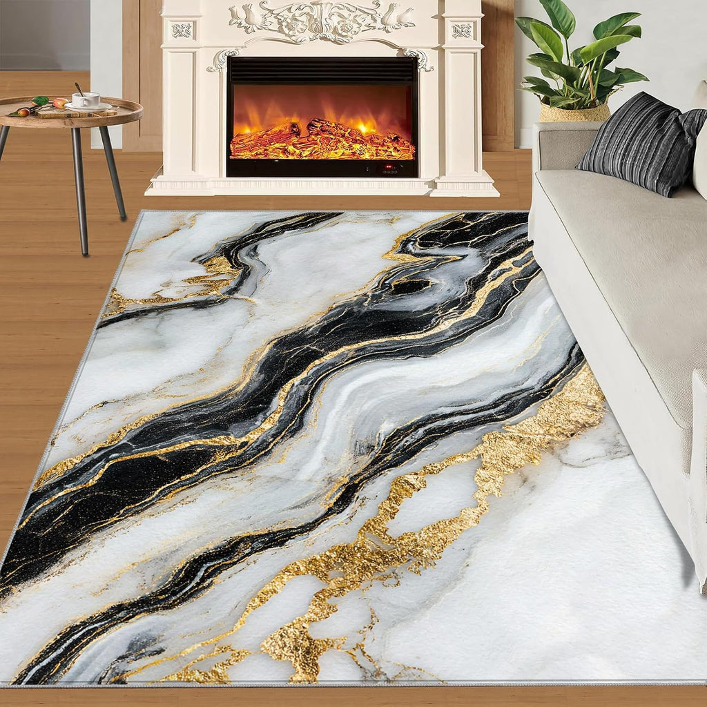 Black White Gold Marble Rugs for Bedroom - 6x8 Rug, European Style Area Rugs for Living Room, Contemporary Carpet, Abstract Washable Mat, Marble Home Decor & Gifts