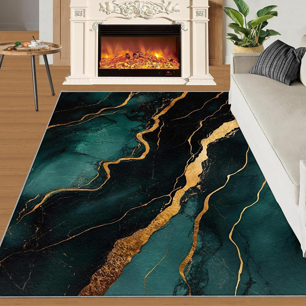 Emerald Green Marble Rug 6x8-6x8 Rug, Emerald Green Gold Area Rugs for Bedroom, Abstract Texture Rugs for Living Room, Luxury Washable Carpet, Marble Home Decor & Gifts