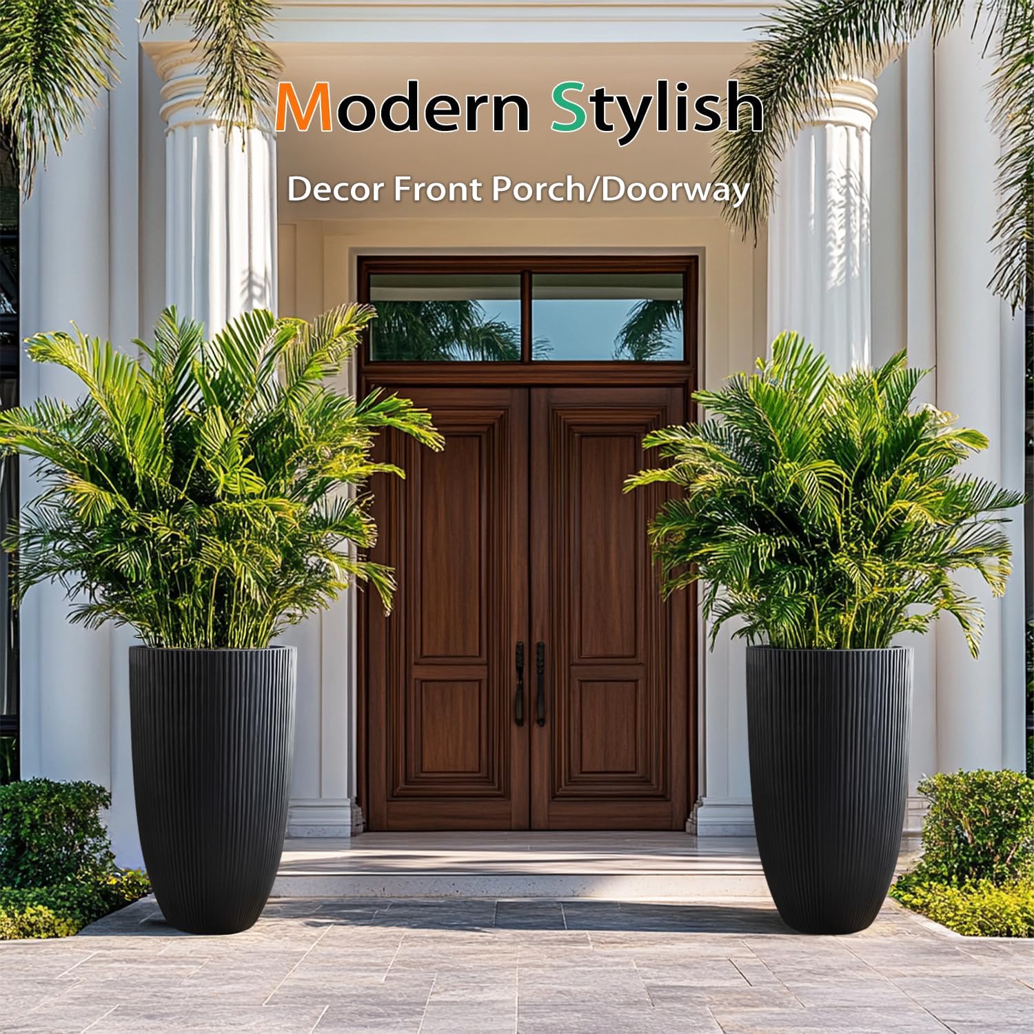 Heyzier Tall Planters for Outdoor Plants, Large Concrete Flower Pots for Garden Front Porch, Patio, Indoor (Vertical Black)