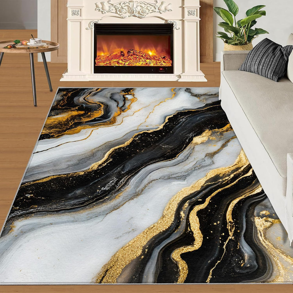Marble Area Rug 6x8 - Black White Marble Large Rugs for Living Room, Abstract Luxury Carpet Area Rug for Girls Bedroom Kids Room Basement Office Classroom