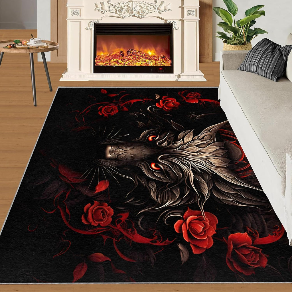 Wolf Rug for Kids Room - 6x8 Large Rug, Wolf and Red Rose Rugs for Bedroom Brown Animals Wolf Area Rugs for Living Room Home Decor Washable Rug