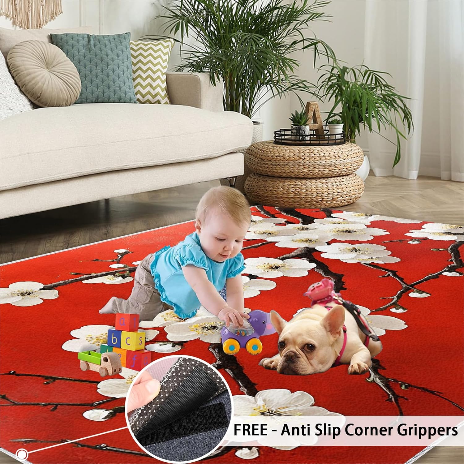 Cherry Blossoms Rug 6x8, Red Background Rugs for Girls Room, Asian Style Rugs for Bedroom, Washable Area Rug for Bedside Dining Room Kitchen Floor Mat