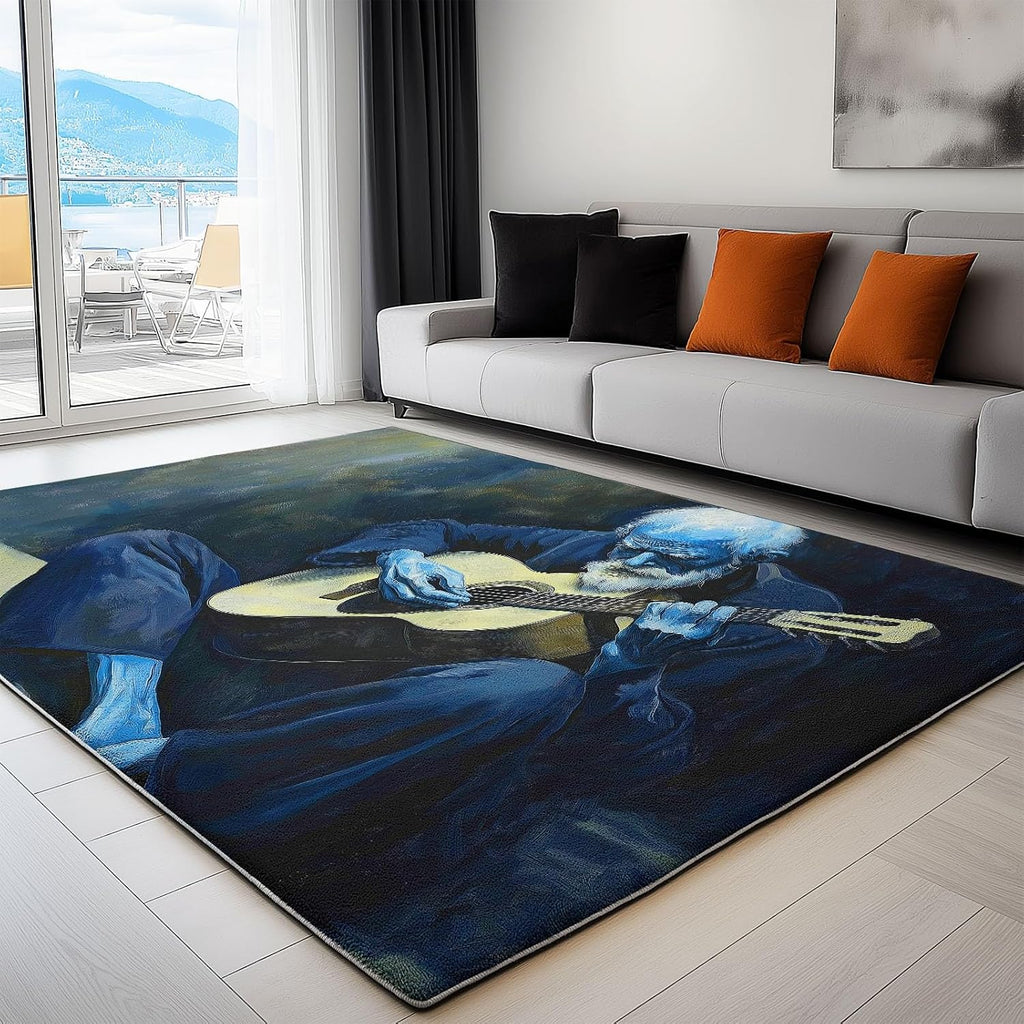 Area Rug for Living Room 6x8 ft Old Man Guitar Washable Soft Area Rugs Non-Slip Stain Resistant Indoor Floor Low Pile Carpet, for Bedroom Dining Room Home Office
