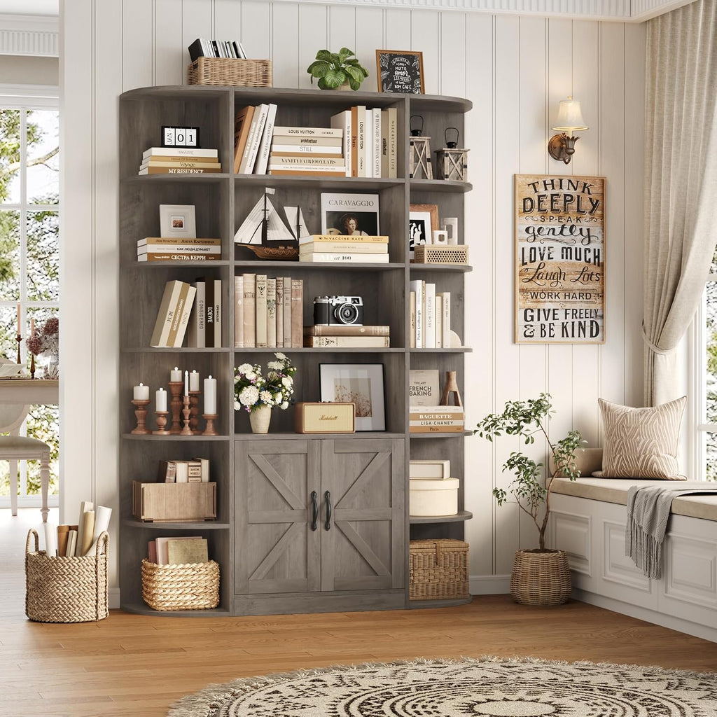 HOSTACK 75' Tall Book Shelf and Bookcase, 6 Tier Bookshelf with Storage, 47' Wide Bookcase with Door, Freestanding Wood Display Shelves with Book Storage Cabinet for Home Office, Living Room, Ash Grey