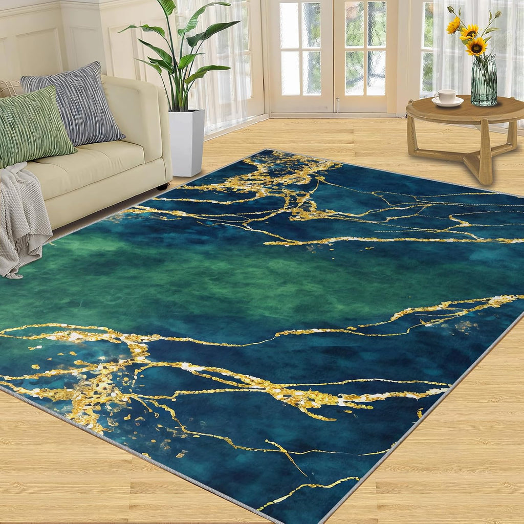 Navy Blue Stone Marble Area Rug, Gold Giltter Rugs for Living Room, Indoor Non-Slip Kids Rugs, Machine Washable Breathable Durable Carpet for Front Entrance Floor Decor,6 x 8ft