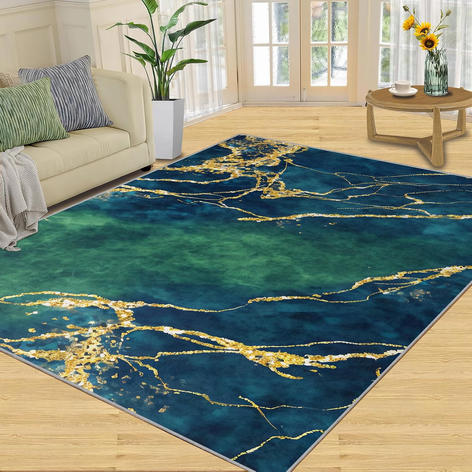 Navy Blue Stone Marble Area Rug, Gold Giltter Rugs for Living Room, Indoor Non-Slip Kids Rugs, Machine Washable Breathable Durable Carpet for Front Entrance Floor Decor,6 x 8ft