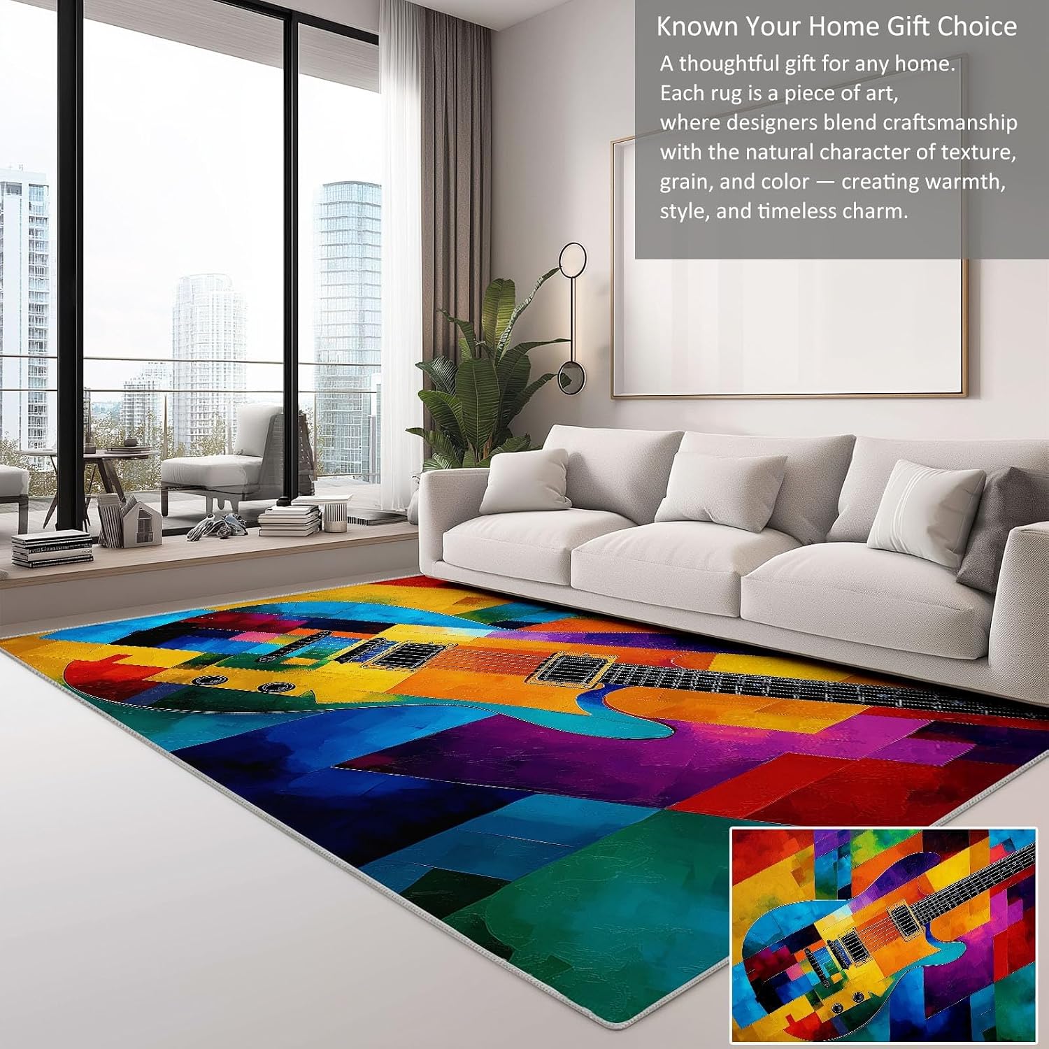 Area Rug 5x7 ft Abstract Colorful Guitar Living Room Rugs Non-Slip Carpet Large Soft Indoor Washable Rug for Bedroom Dining Room Playroom Nursery Home Decor Floor Mat