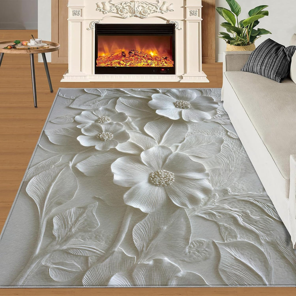 3D Relief Floral Rugs for Bedroom, Modern Relief Rug 6x8, Stereo White Flowers Dining Room Rugs Washable & Non Slip Large Carpet for Home Decor