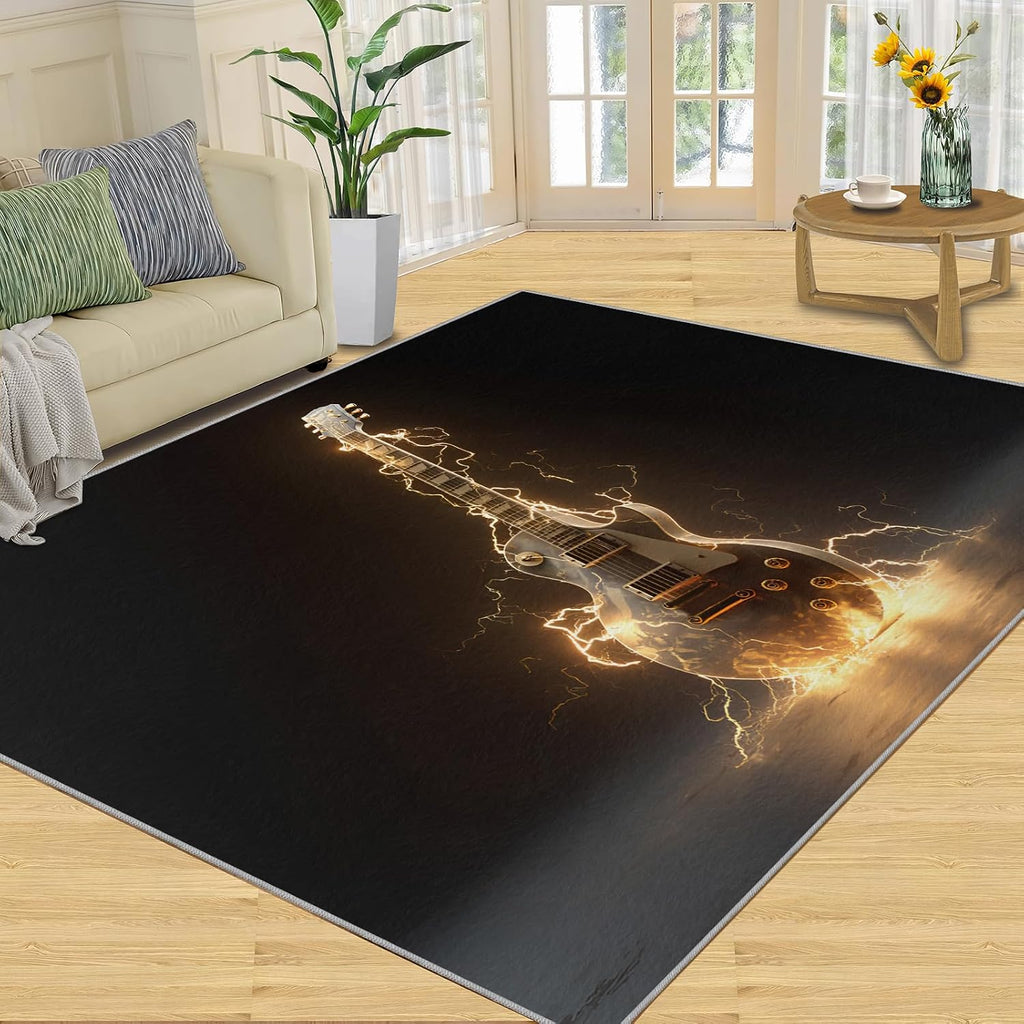 Music Guitar Rug for Bedroom - Music Area Rug - Guitar Lover Rugs for Living Room, Non-Slip Low Pile Carpet for Classroom Recording Studio Band 5x7ft