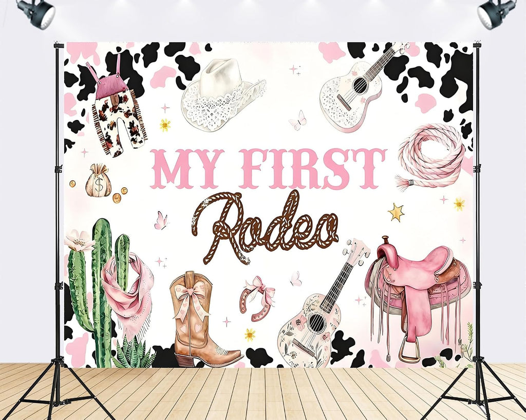 Trykid 20x10ft My First Rodeo Birthday Backdrop Western Cowgirl Pink Cow Cactus Saddle Guitar Photography Background Kids Party Decoration Photoshoot Studio Props Fabric